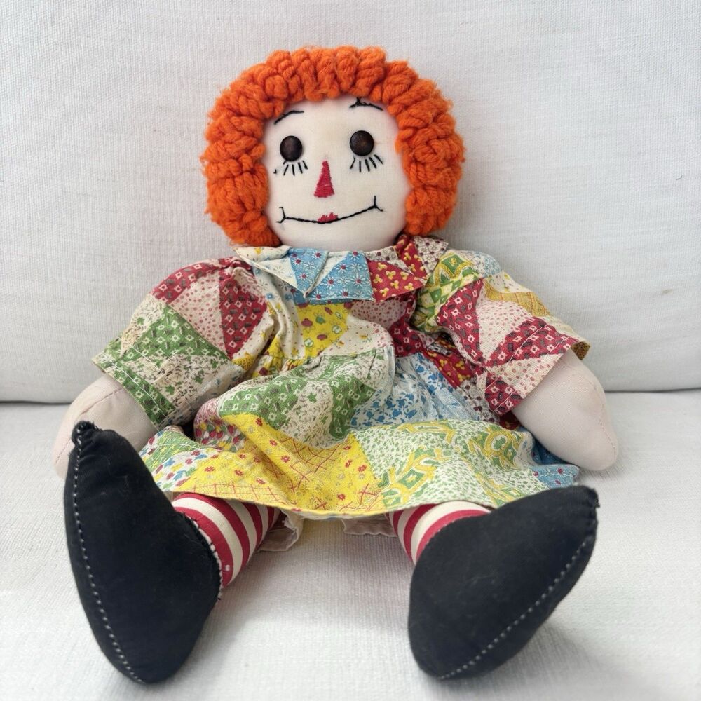 Vtg Raggedy Ann Doll Handmade Folk Art Button Eyes Embroidered Patchwork Kitsch